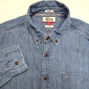Tommy Hilfiger Denim Mens Denim Button Down Shirt - Large Blue Vintage Y2K